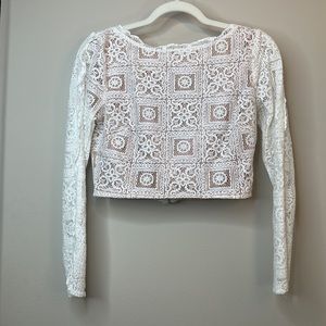 Endless Rose White Lace Long Sleeve Cropped Rear Zipper Top.